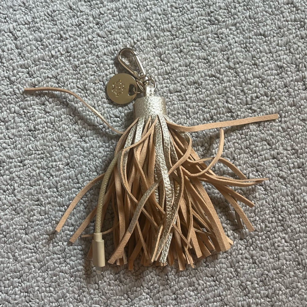 iPhone Lightning Cord Tan and Silver Tassel Keychain